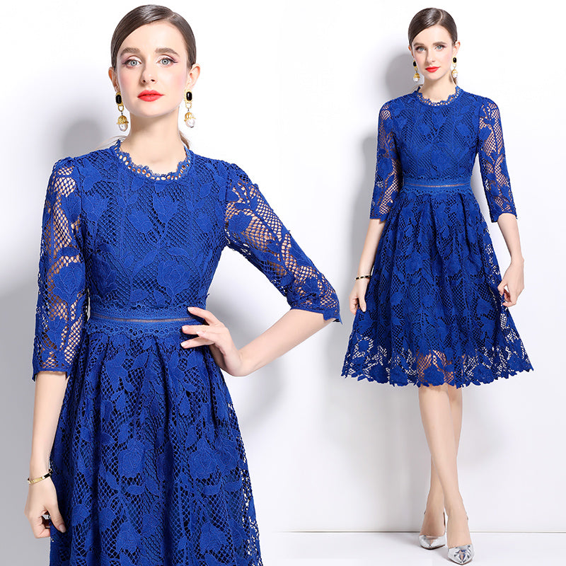 Original design mid long sleeved fashionable slimming hollow out water-soluble lace positioning mid length dress