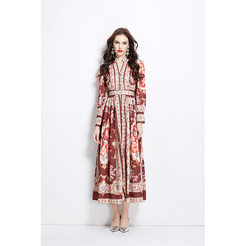 Original Design Spring/Summer Classical Palace Style Printed Flower Bouquet Waist Single breasted Long Dress