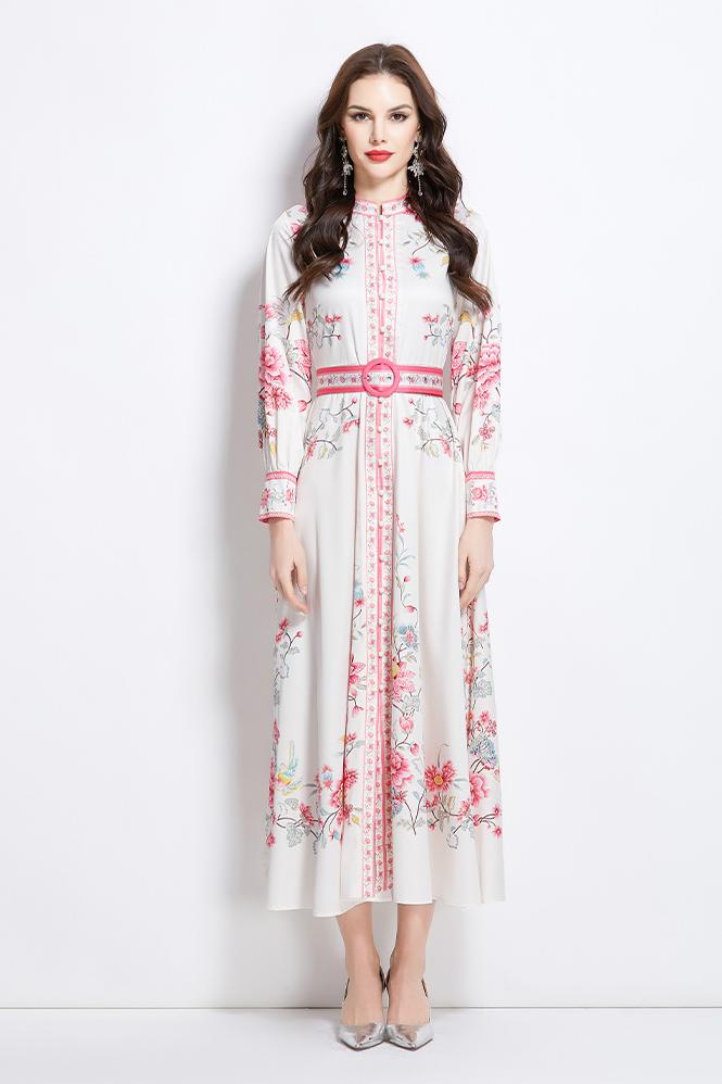 Original design mid length dress with blue and white porcelain pattern standing collar for spring, summer, autumn vacation