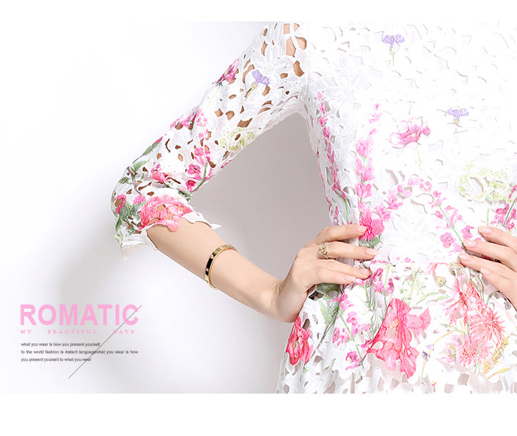 Original design mid long sleeved fashionable slimming hollow out water-soluble lace positioning mid length dress