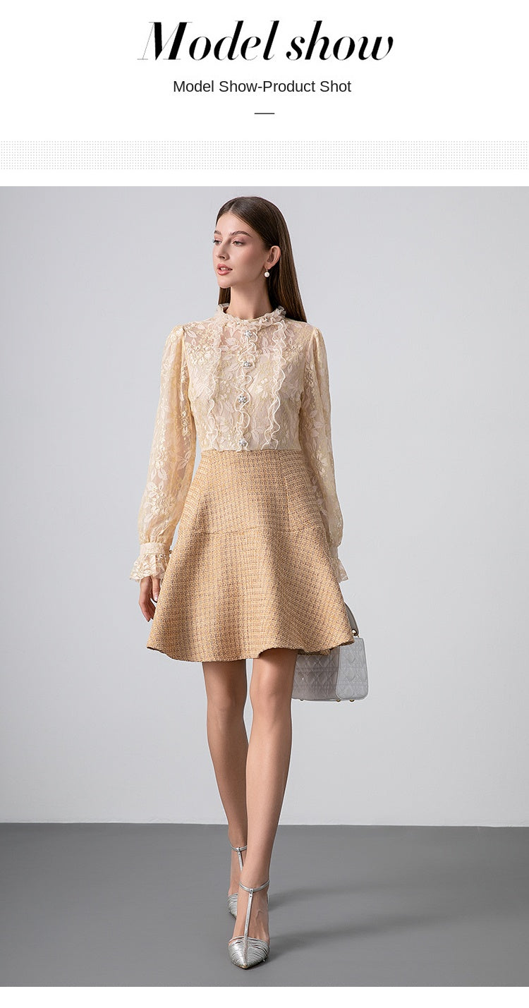 Original design - spring and summer real shot art boutique lace stitching tweed temperament fake 2 pieces of small fragrance beaded dress