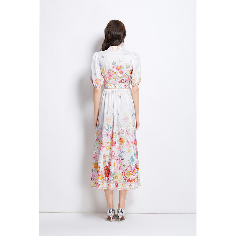 Original design for spring and summer new style bubble sleeve oil painting style waist cinched V-neck dress