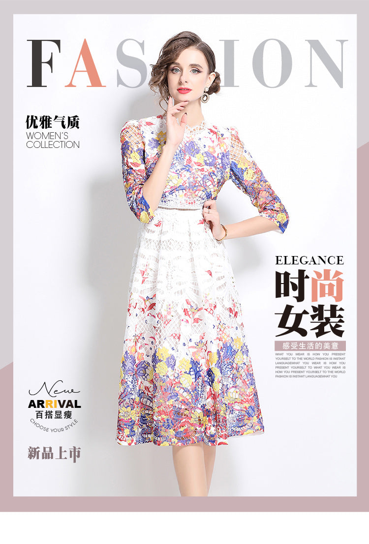 Original design mid long sleeved fashionable slimming hollow out water-soluble lace positioning mid length dress