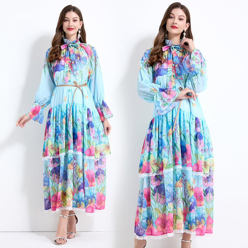 Original design - spring and summer fake lace cake skirt floral print waist ruffle skirt