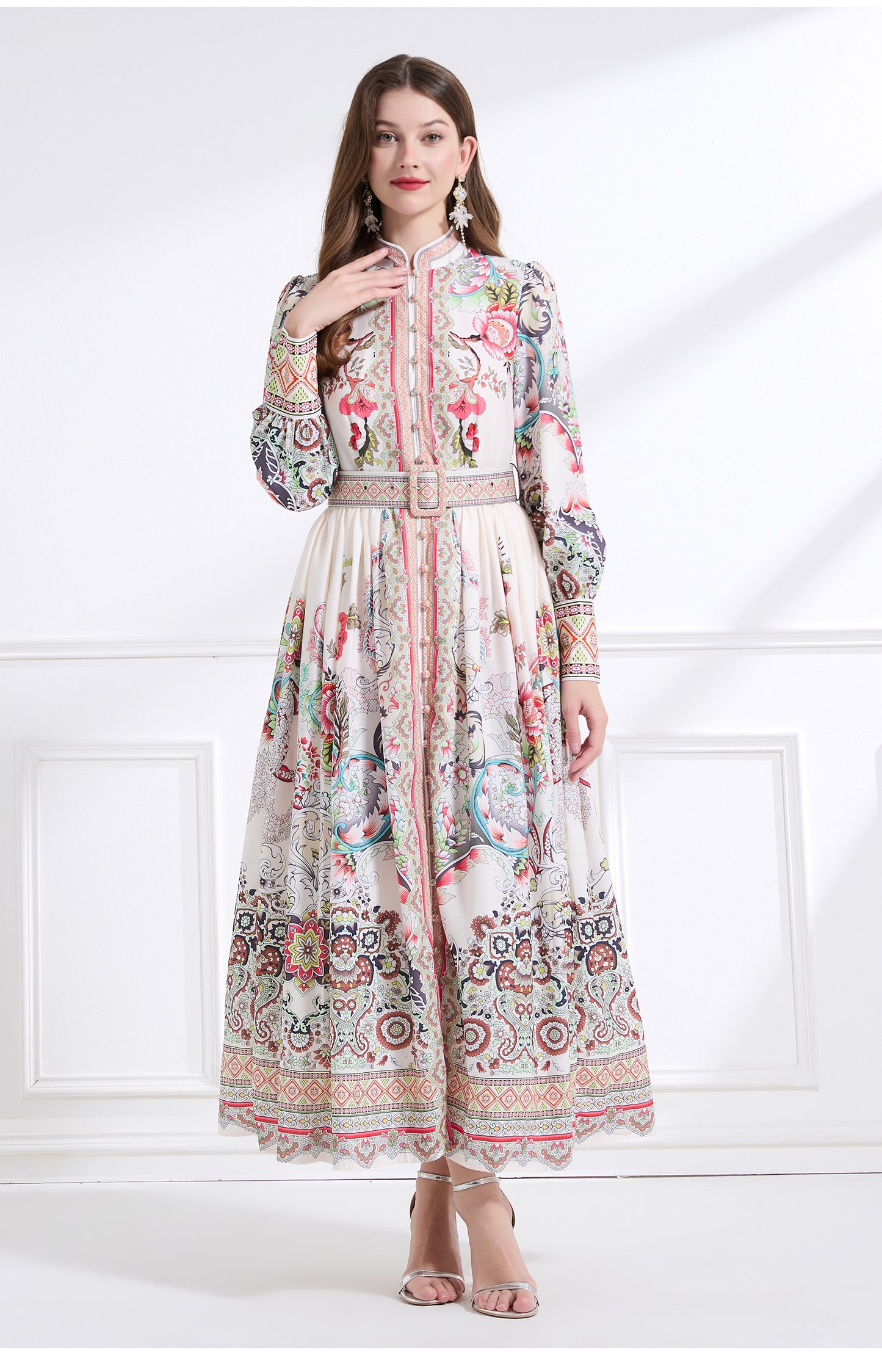 Original design - Spring, Summer, Autumn court style stand collar vintage print balloon sleeve ruffled maxi dress