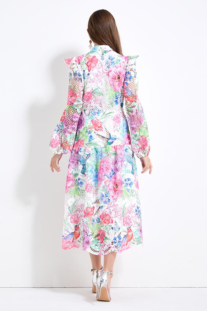 Original design - Spring/Summer vintage stand collar floral print heavy industry water-soluble long waist lace dress