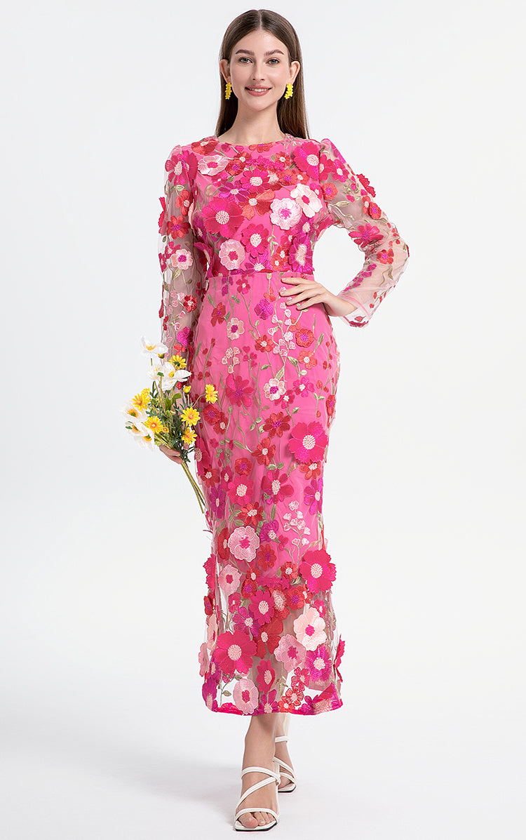 Original Design Heavy Industry Boutique Color Embroidered Handmade Three Dimensional Flower Slimming Fishtail Skirt Temperament Dress