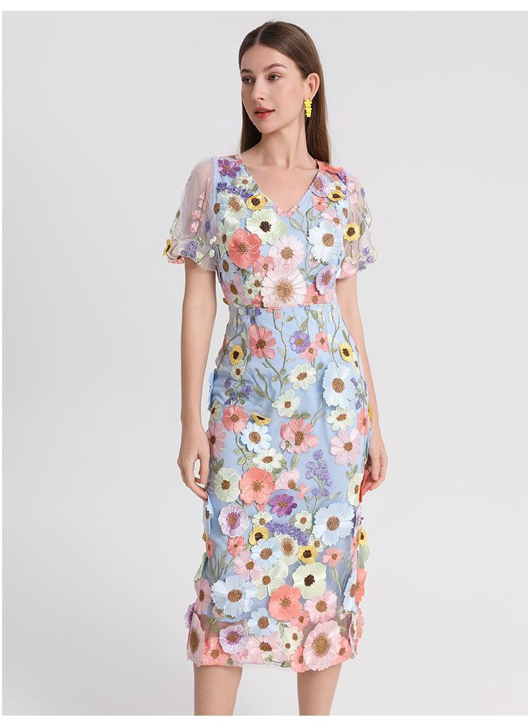 Art embroidery boutique color hand-ordered vintage V-neck slit wrap hip dress