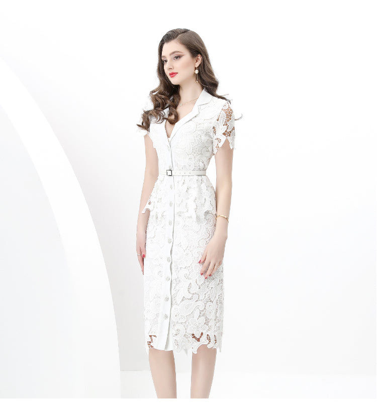 Original design for spring and summer suit collar, short sleeved, single breasted, lace waist wrapped, mid length dress