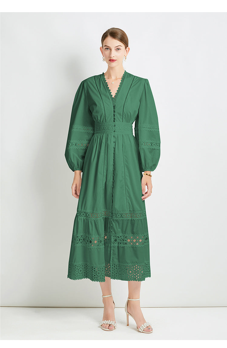 Original design fashionable temperament V-neck patchwork lace hollow out design sense long sleeved waist cinching dress