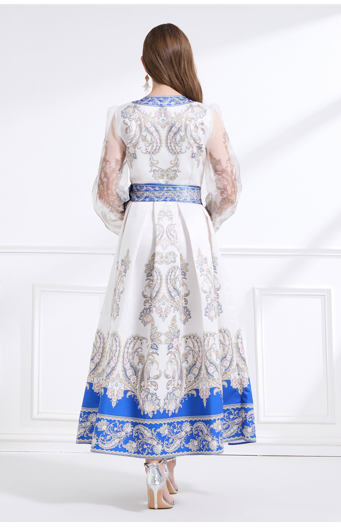 Original design - spring and summer resort style lace patchwork print waist maxi skirt ruffle dress