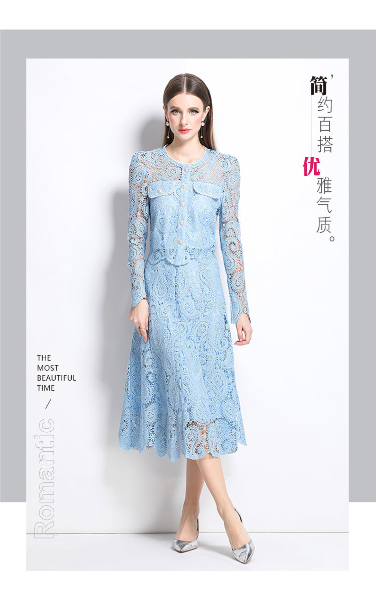Original design for spring and summer small fragrance style set light luxury and high-end water-soluble lace skirt two-piece set