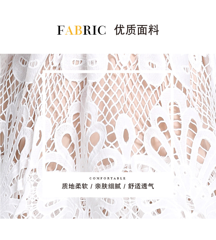 Original Design: Spring and Summer High End Water soluble Embroidered Medium length Skirt with V-neck and Waist cinching to Look Thin Dress