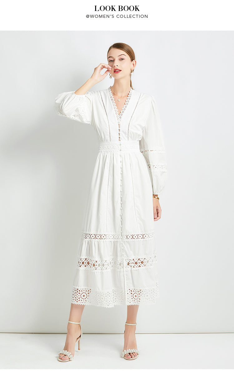 Original design fashionable temperament V-neck patchwork lace hollow out design sense long sleeved waist cinching dress