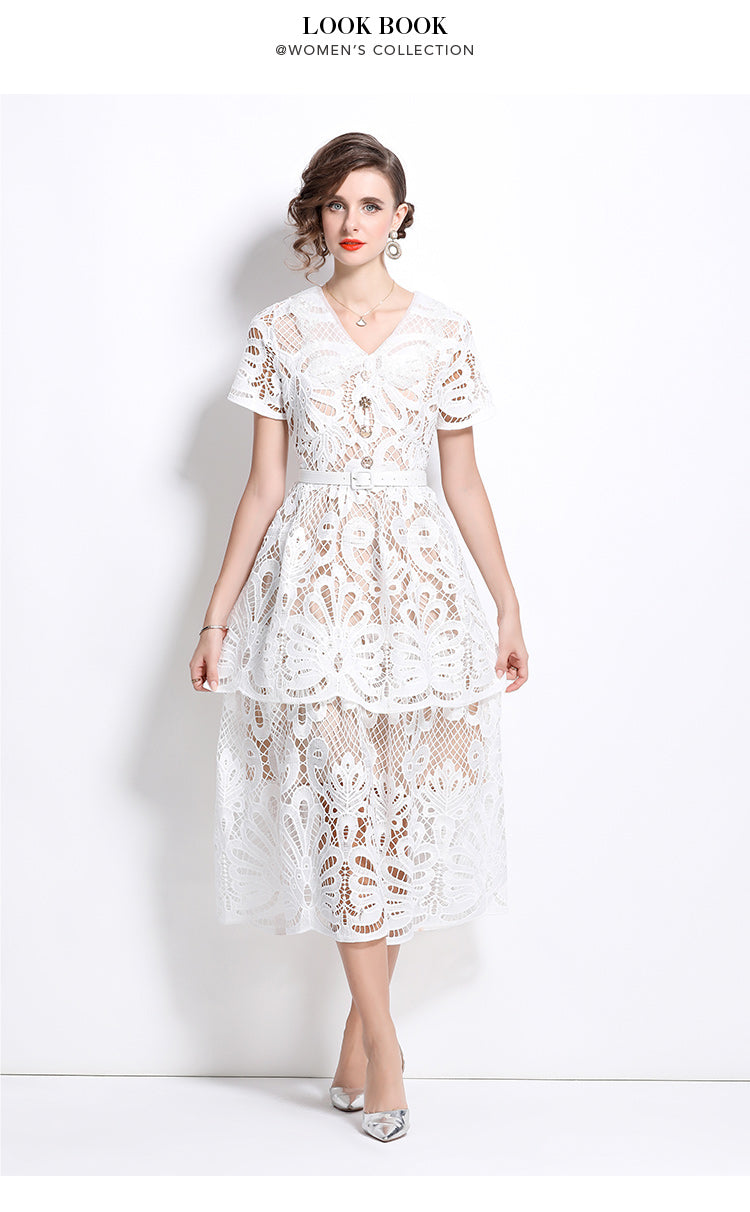 Original Design: Spring/Summer French Luxury Water soluble Embroidered Medium length Skirt with V-neck and Waist cinching to Look Thin Dress