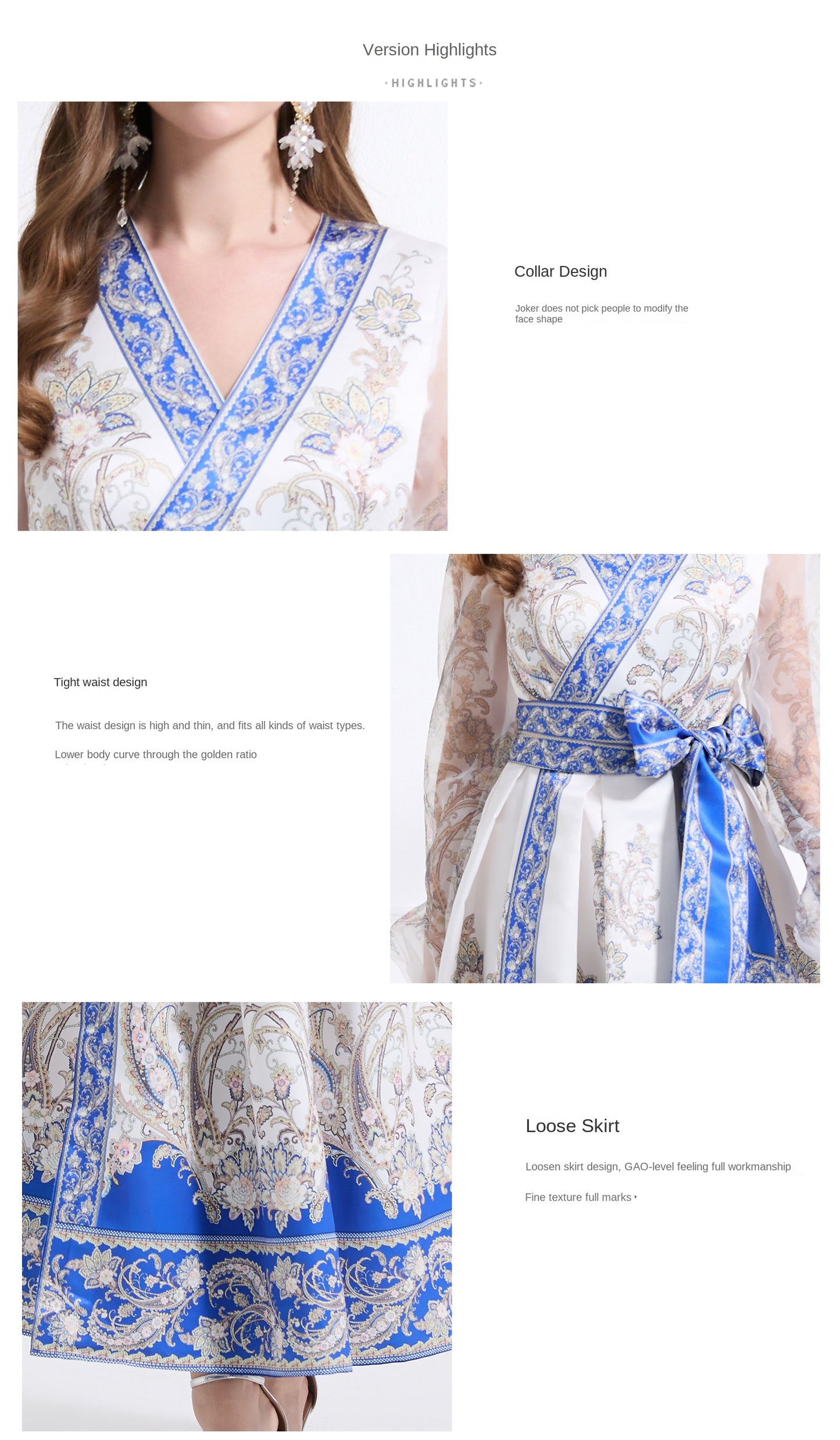 Original design - spring and summer resort style lace patchwork print waist maxi skirt ruffle dress