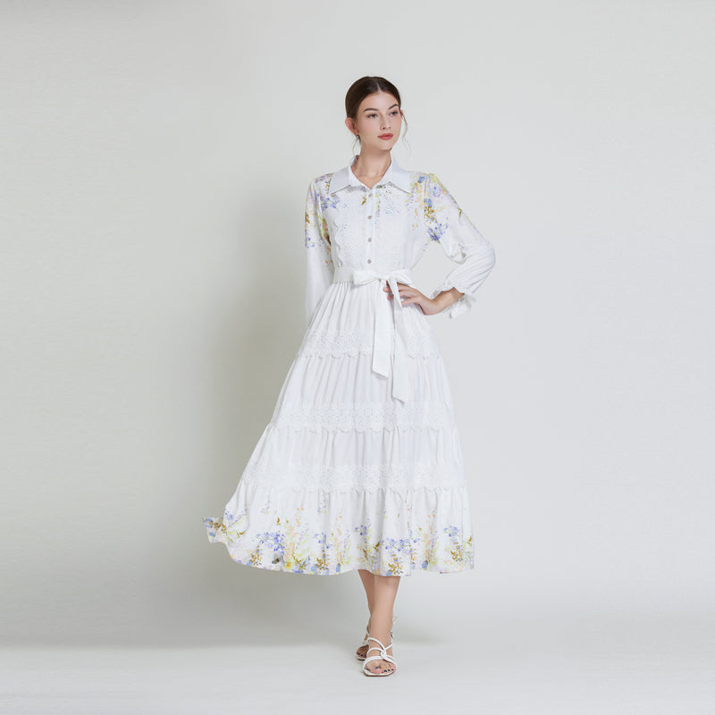Original design fashionable bohemian lapel lace border lantern sleeves cinched waist long printed dress
