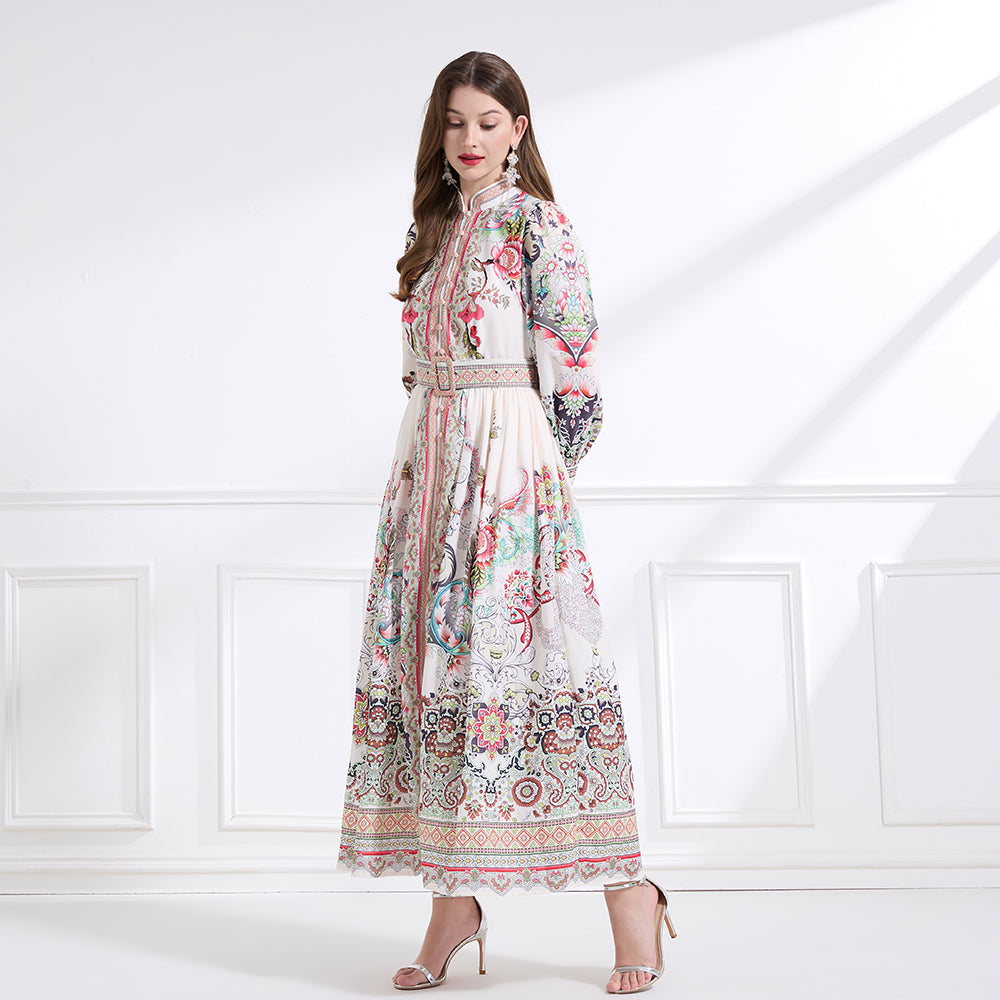 Original design - Spring, Summer, Autumn court style stand collar vintage print balloon sleeve ruffled maxi dress