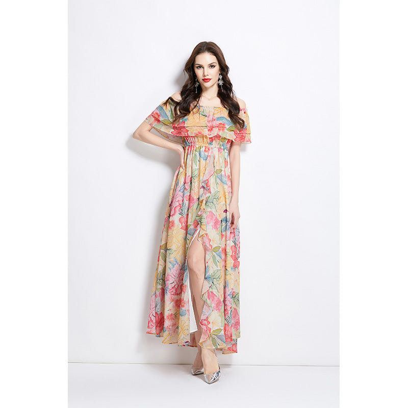 Original design for spring and summer new style with ruffled edge, one piece collar, waist cinched, big swing beach skirt, split chiffon dress