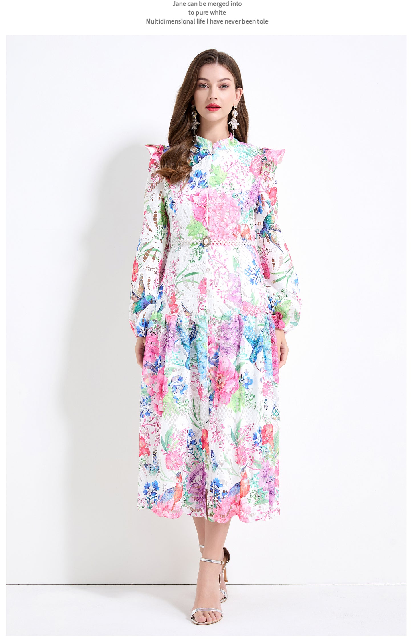 Original design - Spring/Summer vintage stand collar floral print heavy industry water-soluble long waist lace dress