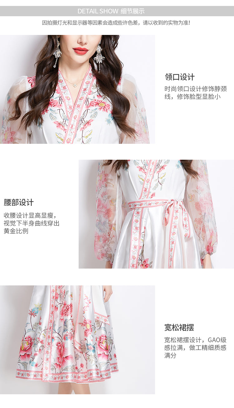 Original Design Spring/Summer V-neck Ethnic Style Printed Satin Wrapped Long Dress