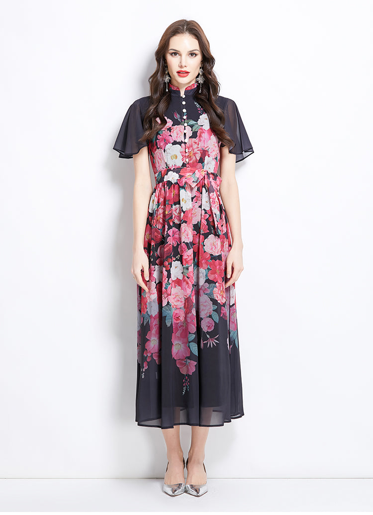 Original design for spring and summer small flying sleeves ruffled edges floral patterns colorful waist cinched stand up collar dress