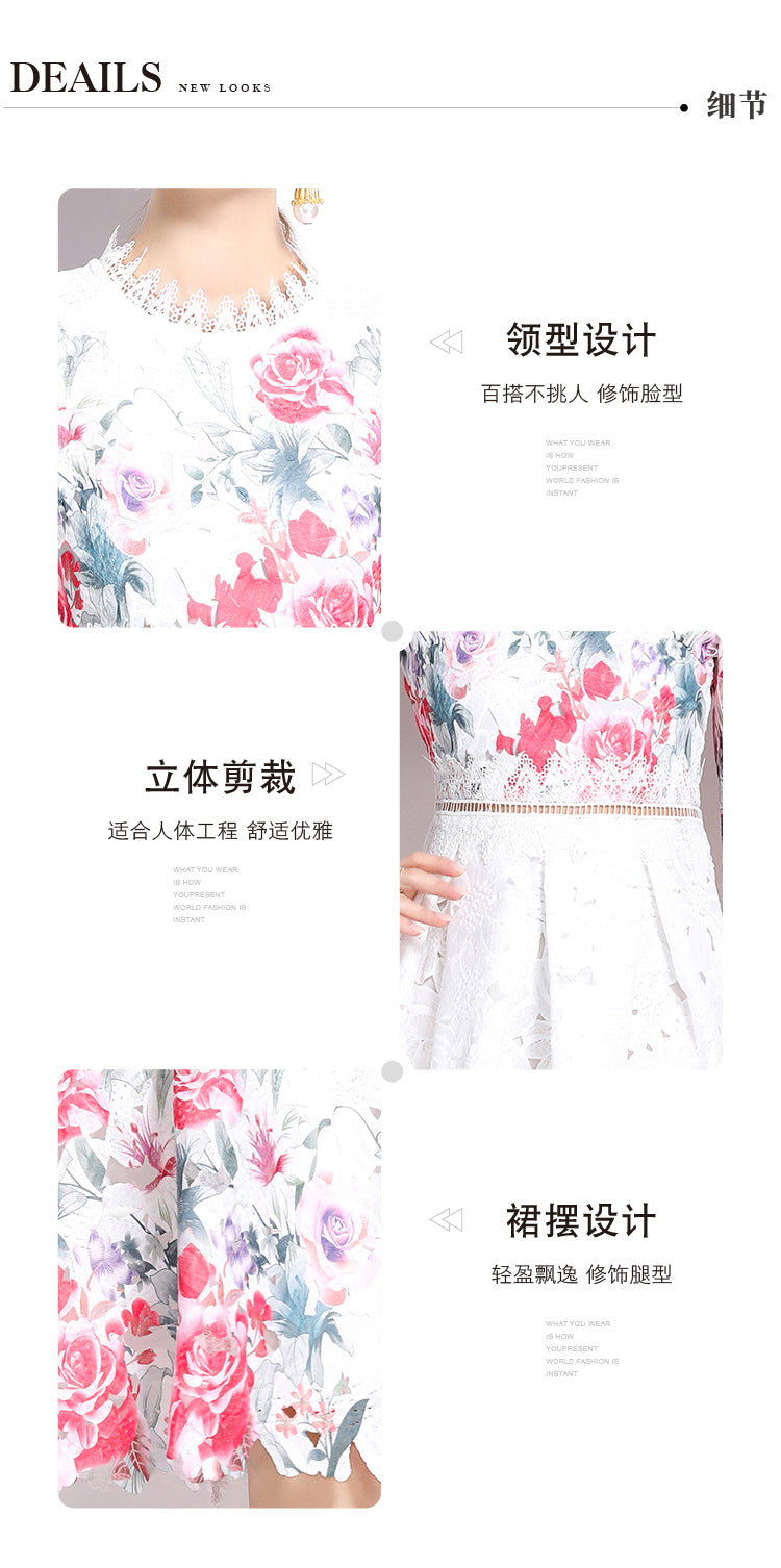 Original design mid long sleeved fashionable slimming hollow out water-soluble lace positioning mid length dress