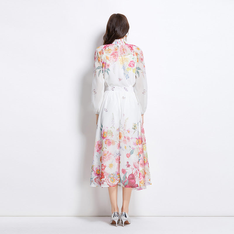 Original Design Spring Summer Autumn Vacation Lantern Sleeve Chiffon Shirt High Waist Half Skirt 2 Piece Set