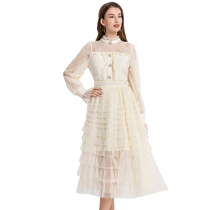 Women's clothing heavy art, coarse tweed splicing mesh cake skirt