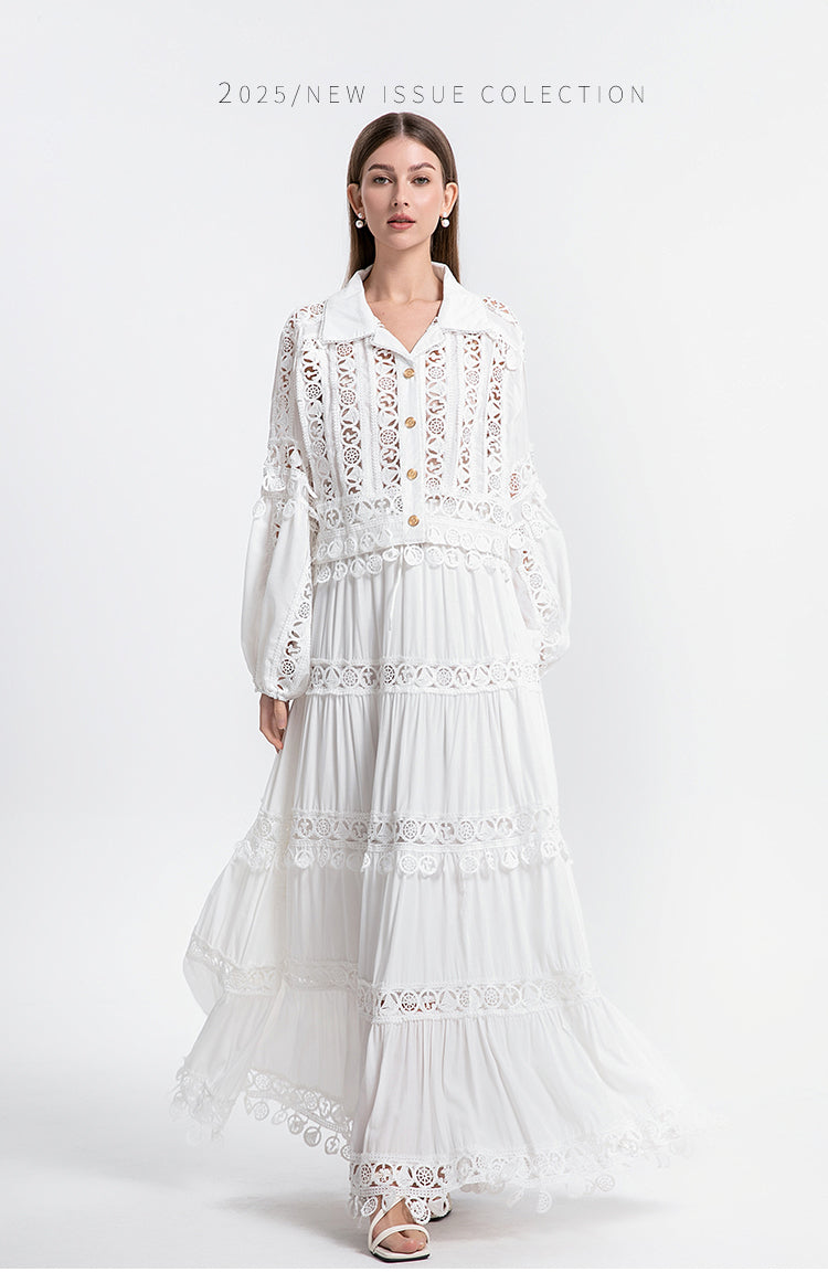 Meizhonggong boutique cut-out lapel lace stitched pendant lace maxi skirt set