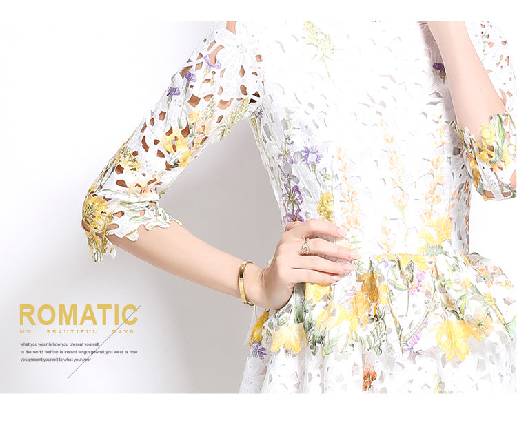 Original design mid long sleeved fashionable slimming hollow out water-soluble lace positioning mid length dress