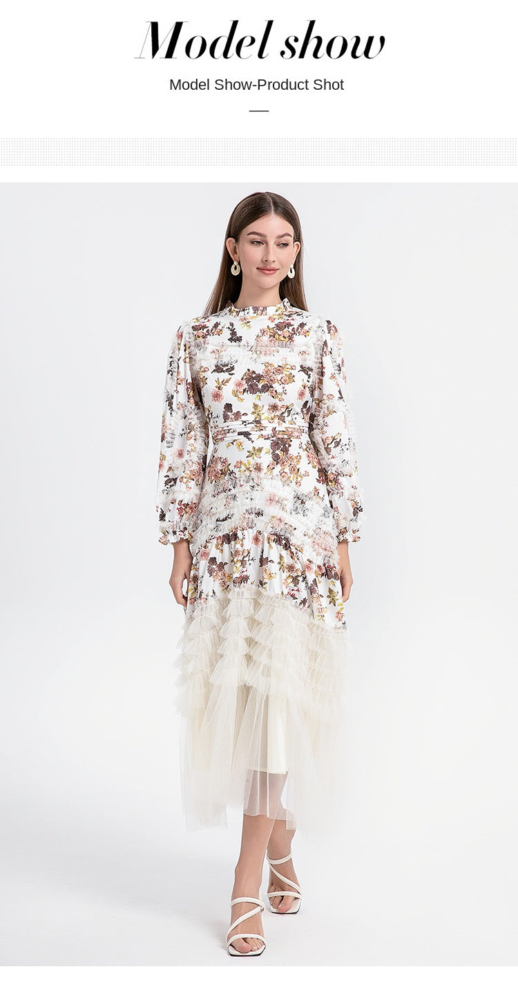 Artwork boutique print patchwork mesh fungus trimmed French court-style women's dress