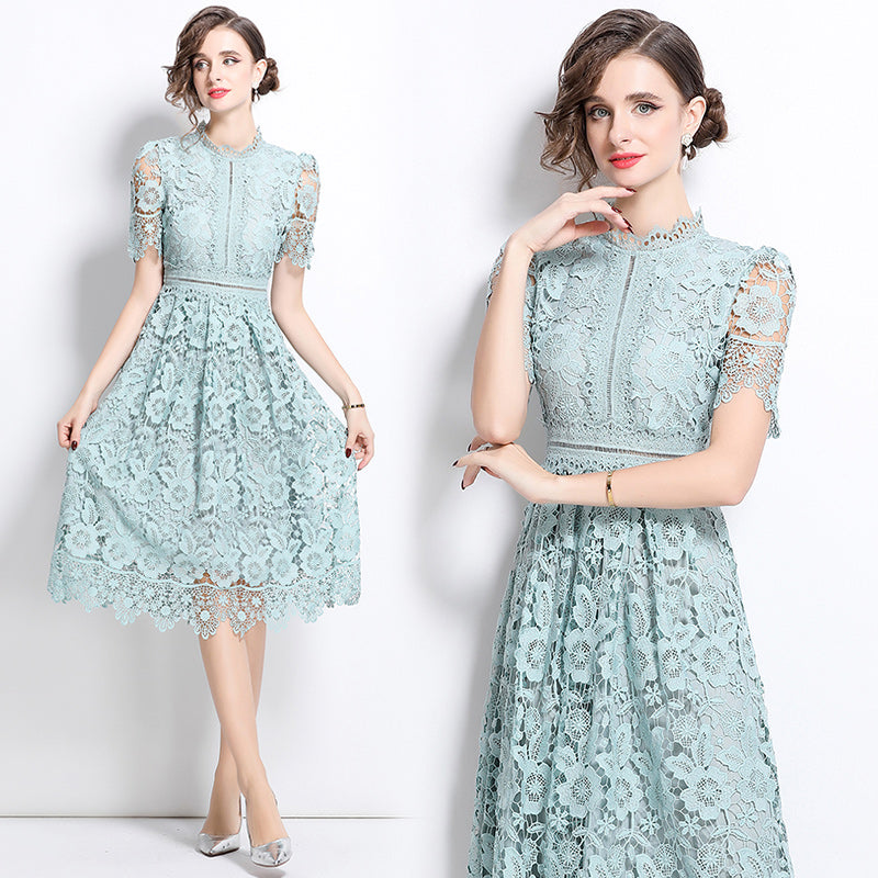 Original design short sleeved slimming hollow out water-soluble lace positioning mid length dress