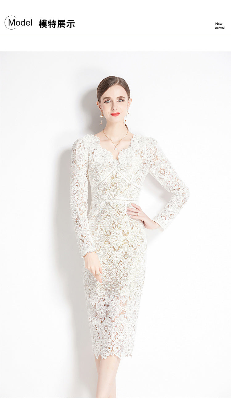 Original design for spring and summer water-soluble lace V-neck slim fit mid length dress for women