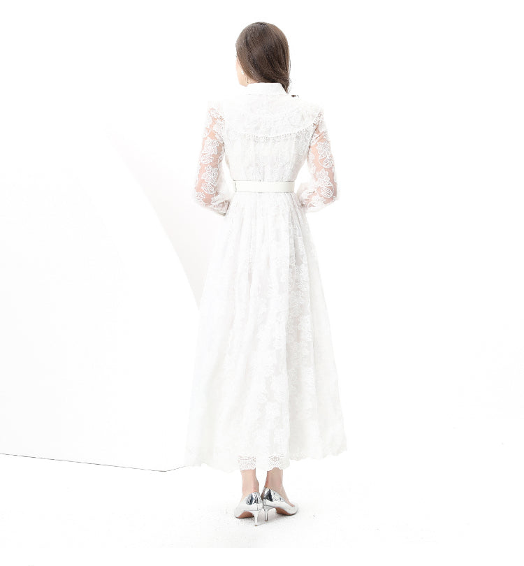 Original design: Spring, Summer, Autumn, Vacation lapel style, embroidered lace, balloon sleeves, lace, long vintage dress