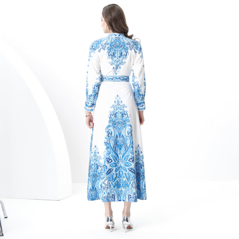 Original design: Spring, Summer, Autumn, resort style, vintage stand-up collar, single-breasted, lace panel, printed wide hem maxi dress