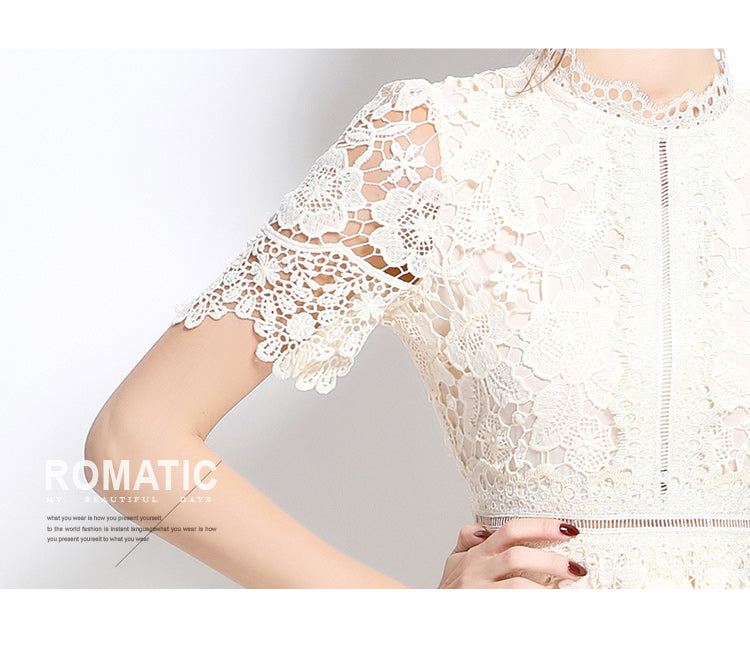 Original design short sleeved slimming hollow out water-soluble lace positioning mid length dress