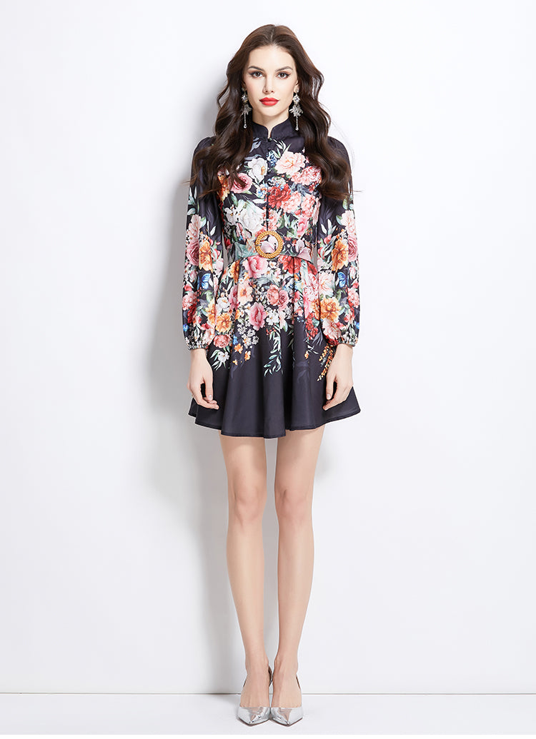 Original Design Spring/Summer Vacation Flower Oil Painting Style Stand up Collar Short Dress
