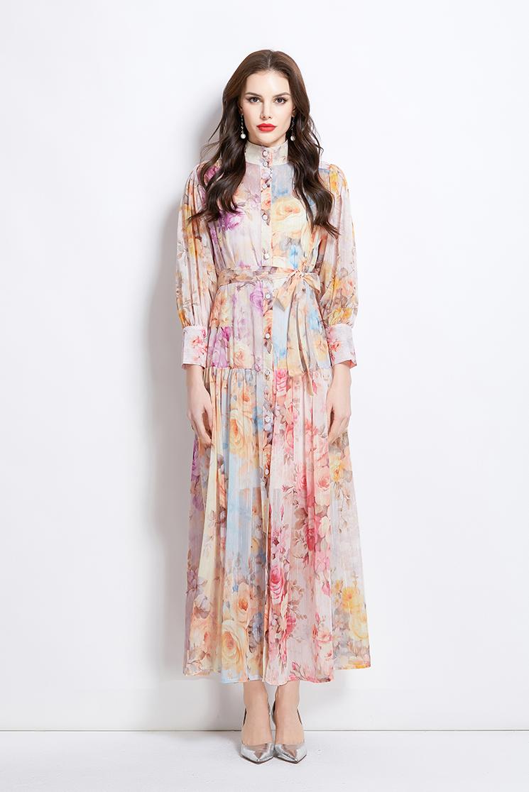 Original design: Spring/Summer ethnic style retro stand up collar lantern sleeve printed dress