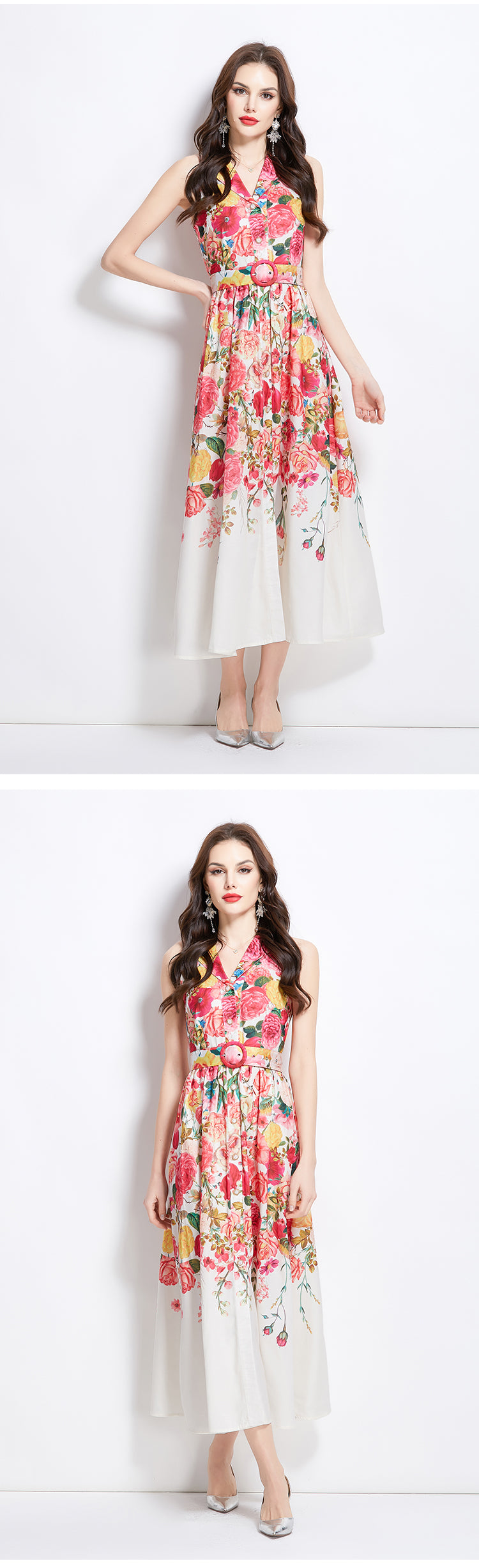 Original design for spring and summer vacation, new floral oil painting style shirt style long dress