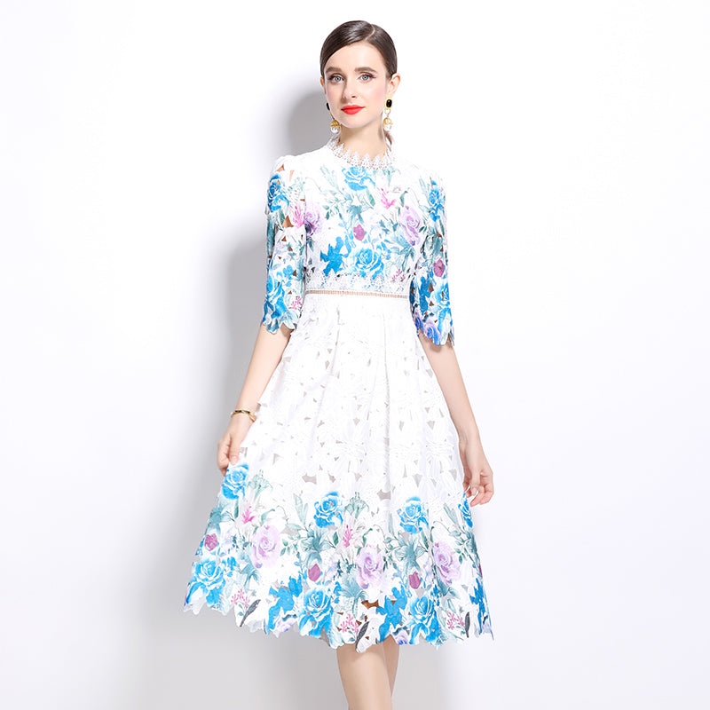 Original design mid long sleeved fashionable slimming hollow out water-soluble lace positioning mid length dress