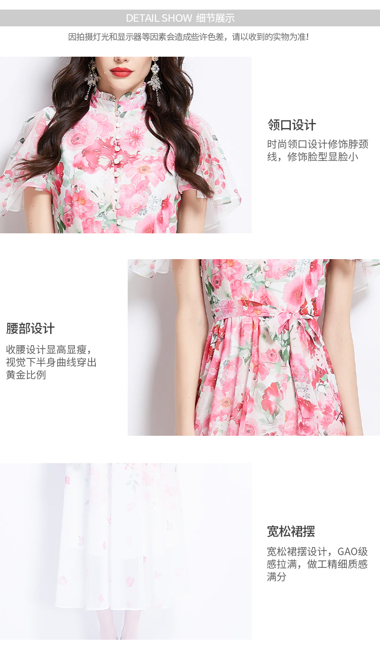Original design for spring and summer small flying sleeves, ruffled edges, floral patterns, colorful waist cinched stand up collar dress