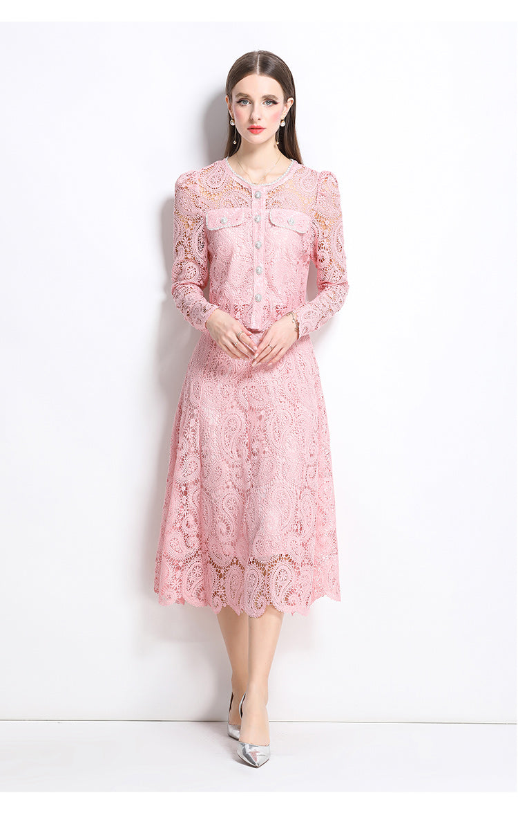 Original design for spring and summer small fragrance style set light luxury and high-end water-soluble lace skirt two-piece set