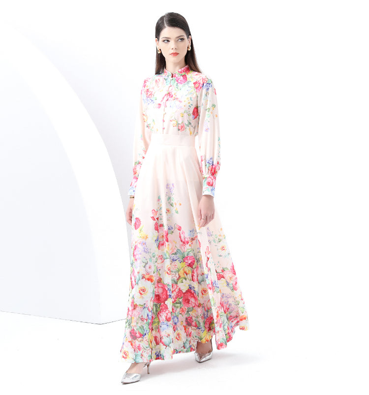 Original Design Spring/Summer Retro Style Stand up Collar High Waist Wave Edge Printed Dress Set, Two Piece
