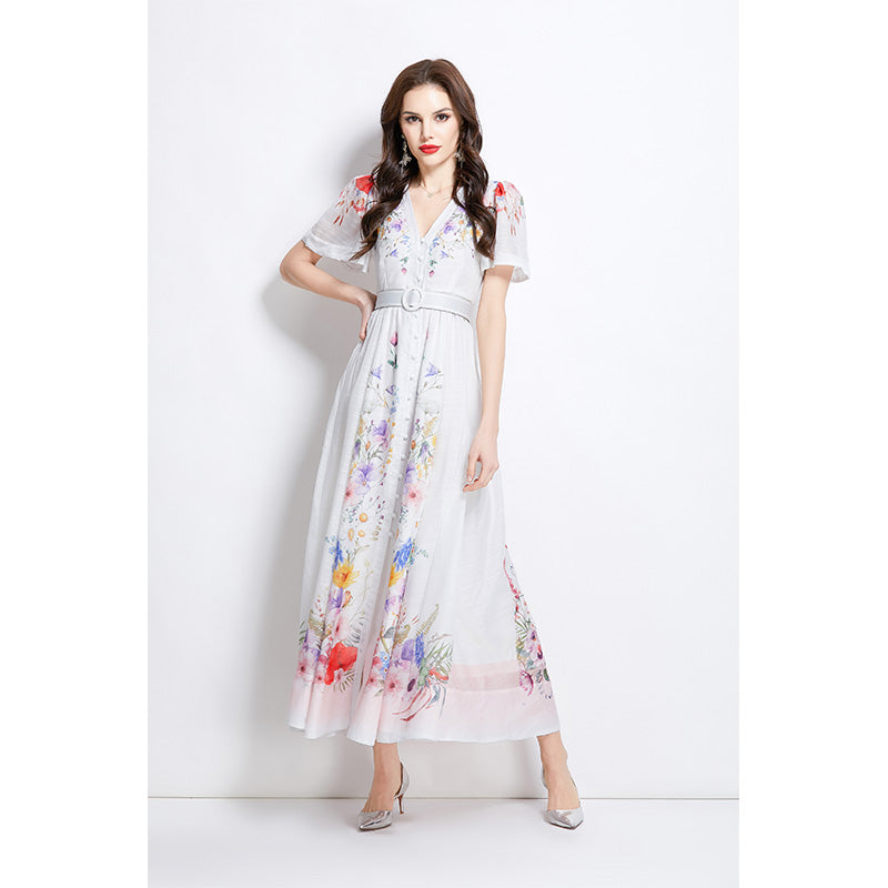 Original Design Spring/Summer Watercolor Flower Short Sleeve Retro Long Dress
