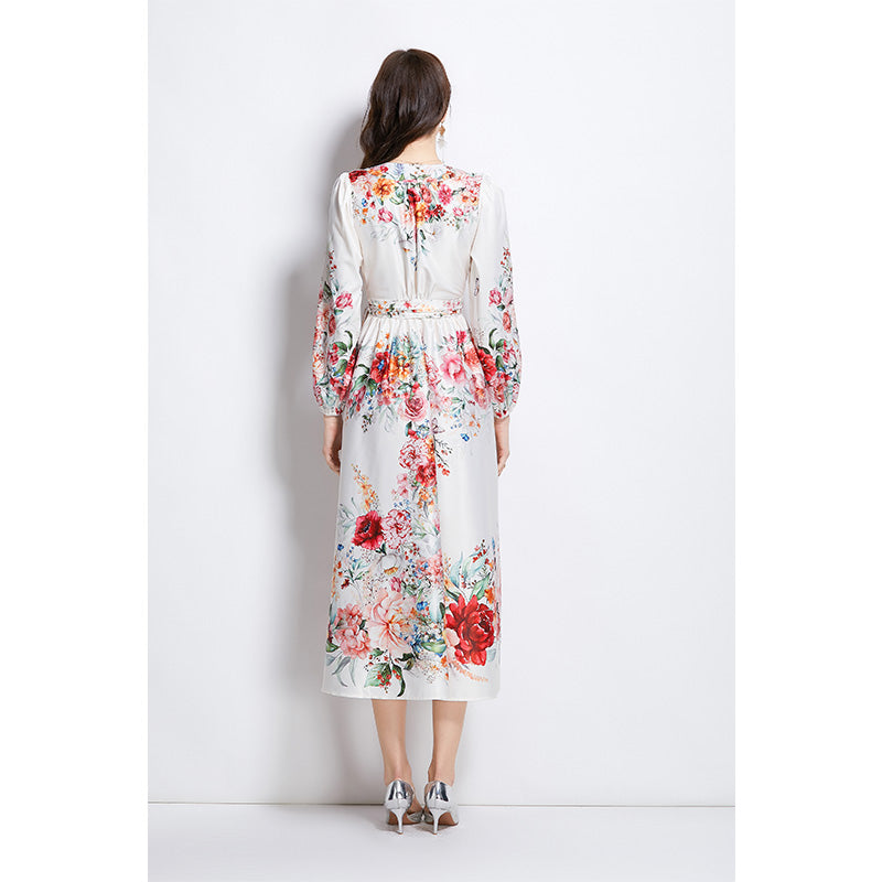 Original Design Spring/Summer Oil Painting Flower Pattern Wrapped Mid length Dress