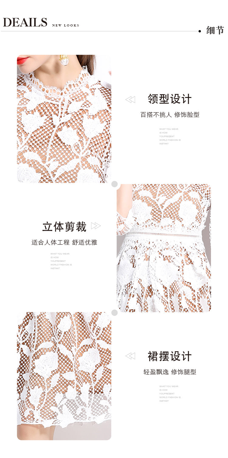 Original design mid long sleeved high-end fashion, slimming and hollowed out water-soluble lace mid length dress