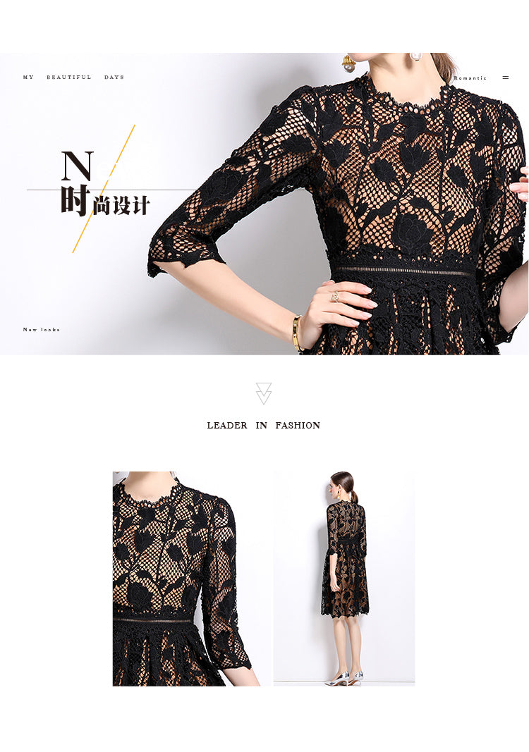 Original design mid long sleeved fashionable slimming hollow out water-soluble lace positioning mid length dress