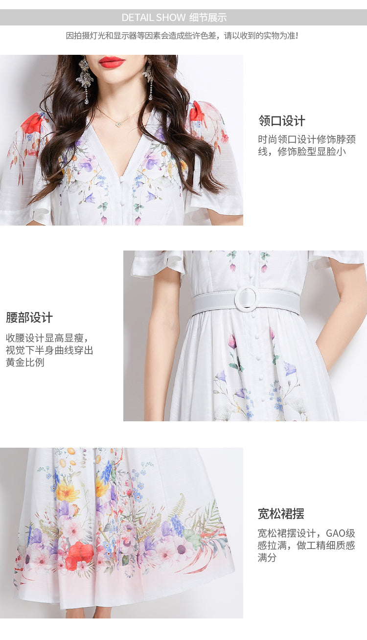 Original Design Spring/Summer Watercolor Flower Short Sleeve Retro Long Dress