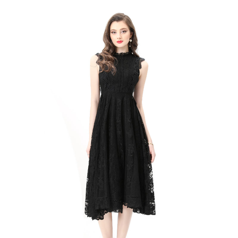 Original design: Spring, Summer, Autumn, Vacation, round neck, smocked style, lace, sleeveless, lace, long vintage dress